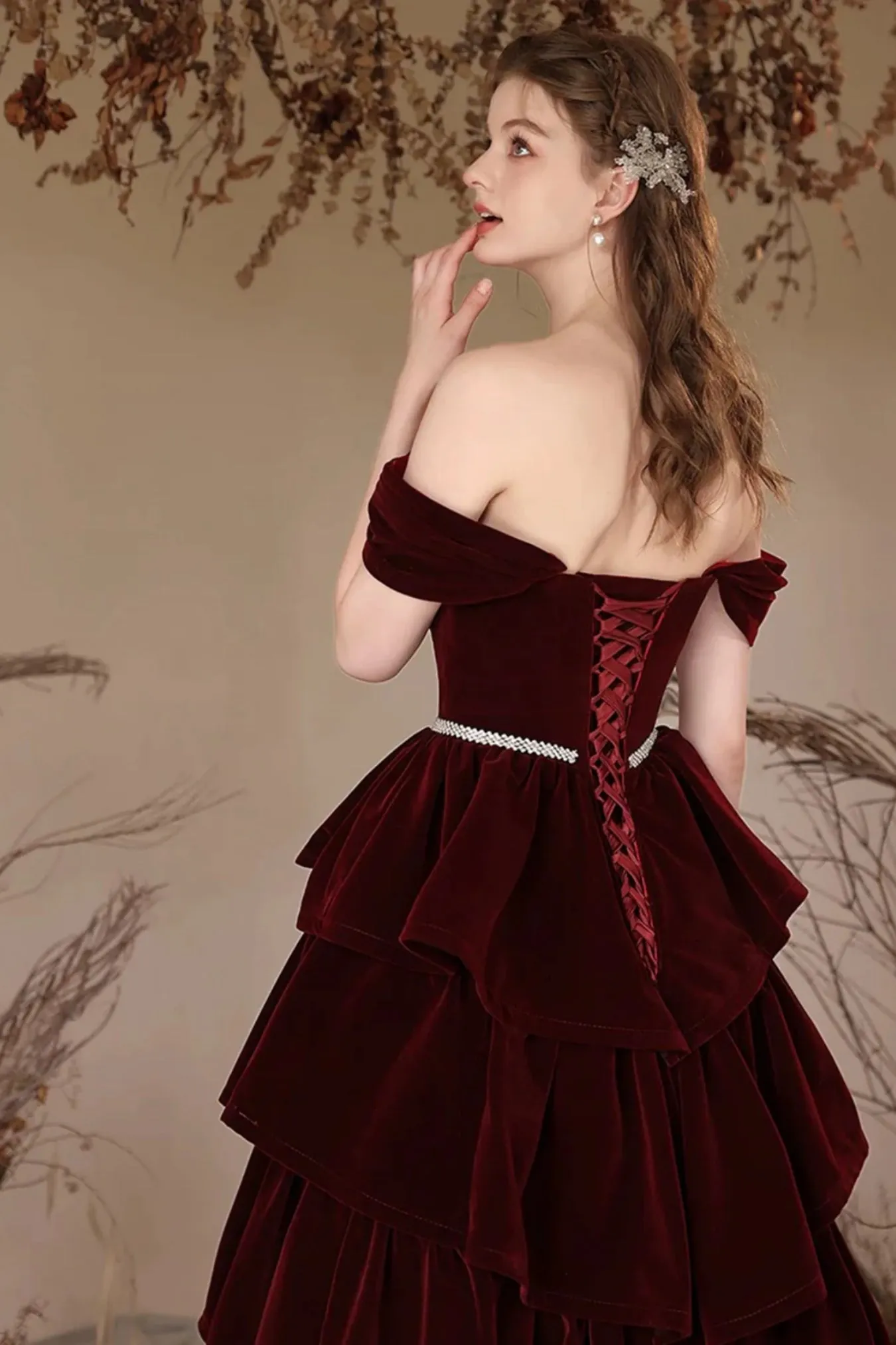 Burgundy Velvet Off Shoulder Layered Long Prom Dresses, Off the Shoulder Formal Dresses, Wine Red Velvet Evening Dresses WT1560