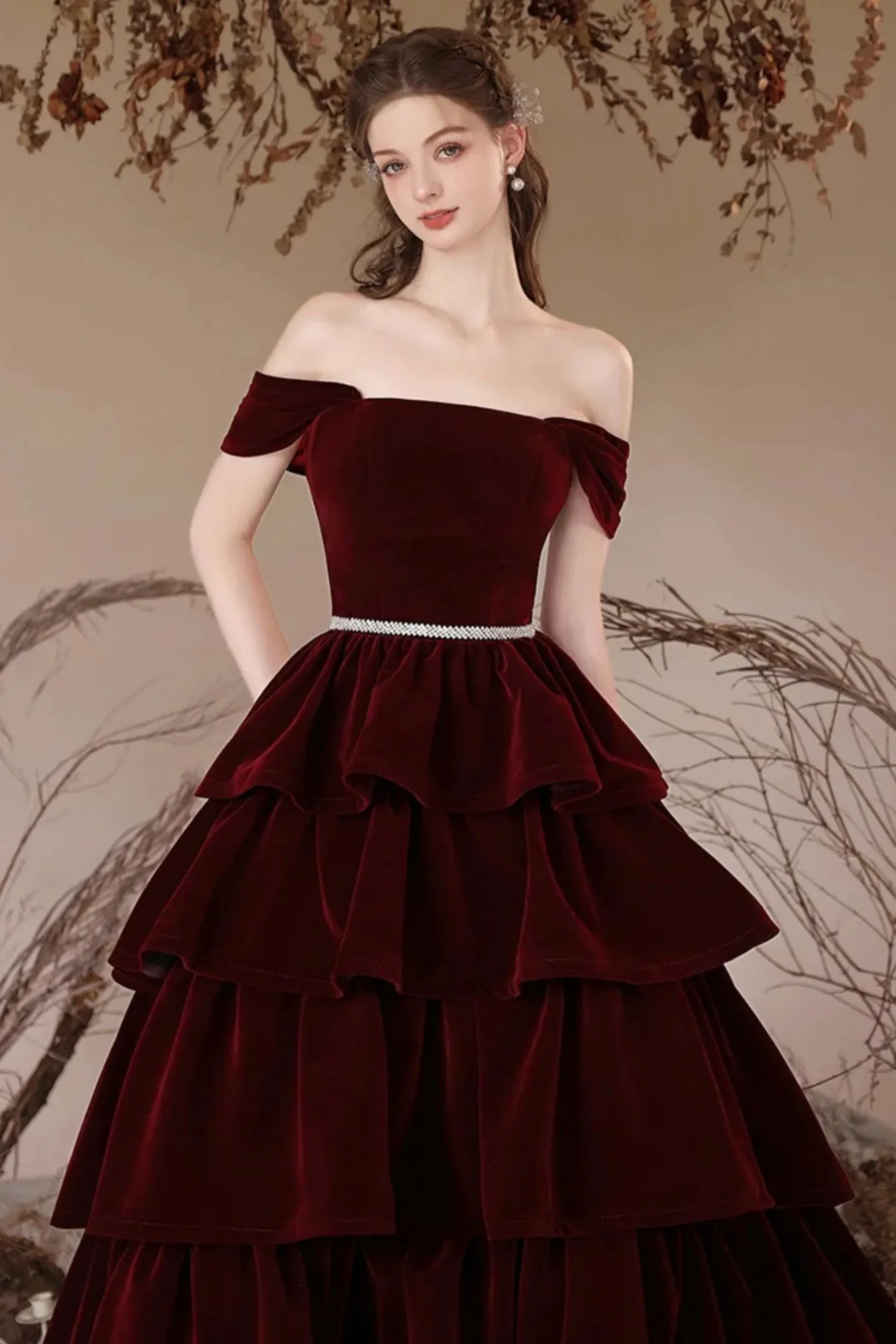 Burgundy Velvet Off Shoulder Layered Long Prom Dresses, Off the Shoulder Formal Dresses, Wine Red Velvet Evening Dresses WT1560