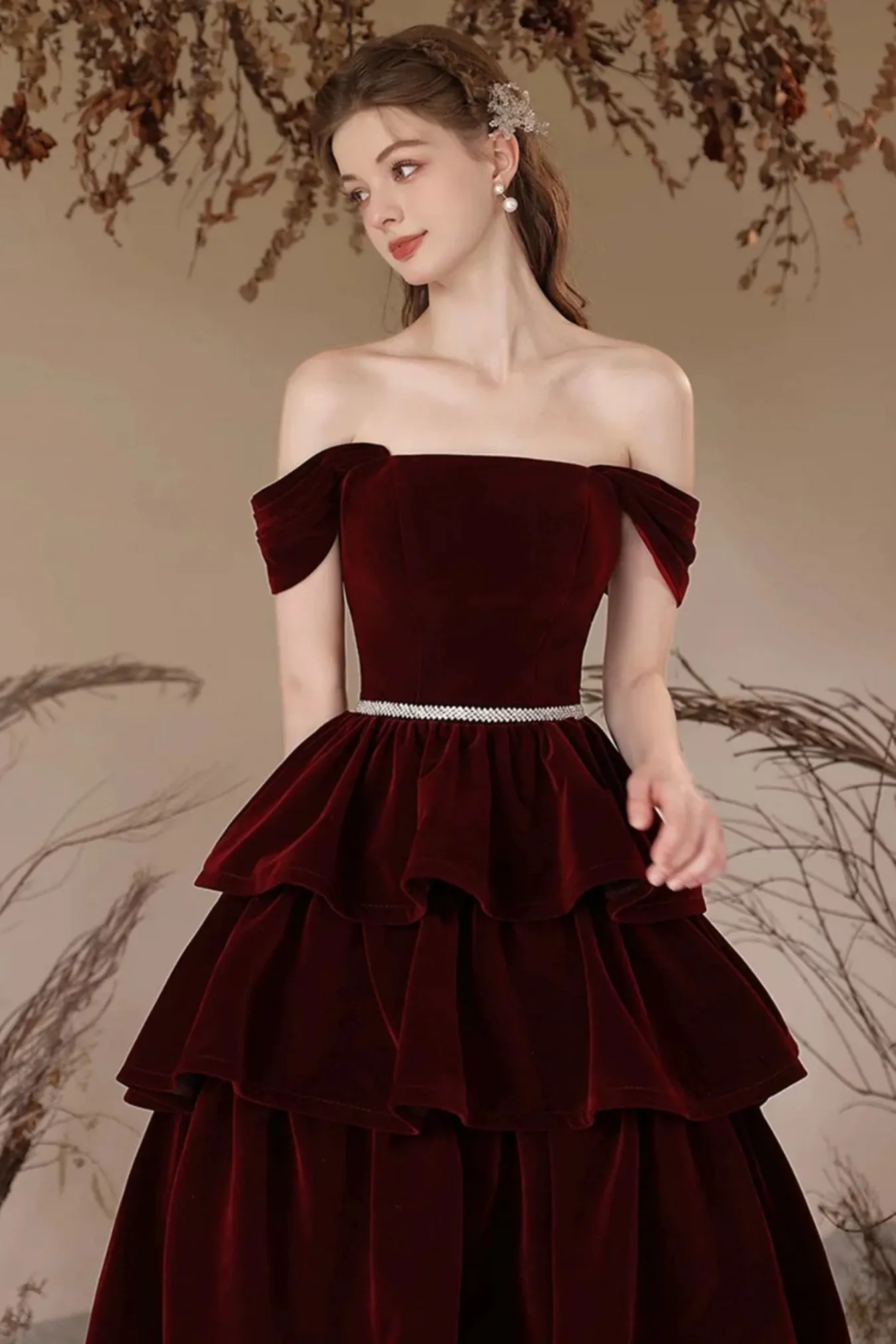 Burgundy Velvet Off Shoulder Layered Long Prom Dresses, Off the Shoulder Formal Dresses, Wine Red Velvet Evening Dresses WT1560