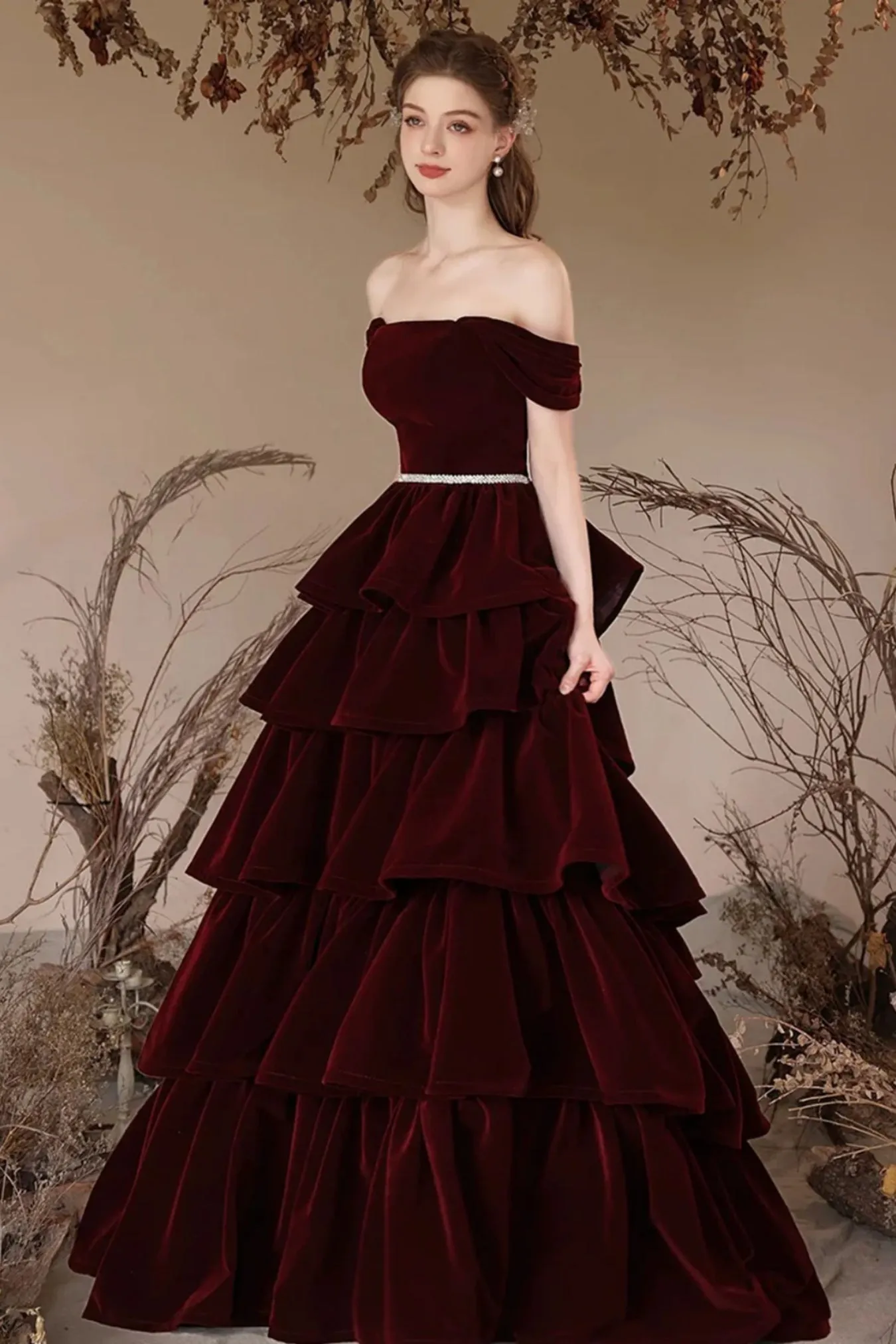 Burgundy Velvet Off Shoulder Layered Long Prom Dresses, Off the Shoulder Formal Dresses, Wine Red Velvet Evening Dresses WT1560