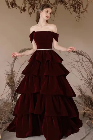 Burgundy Velvet Off Shoulder Layered Long Prom Dresses, Off the Shoulder Formal Dresses, Wine Red Velvet Evening Dresses WT1560