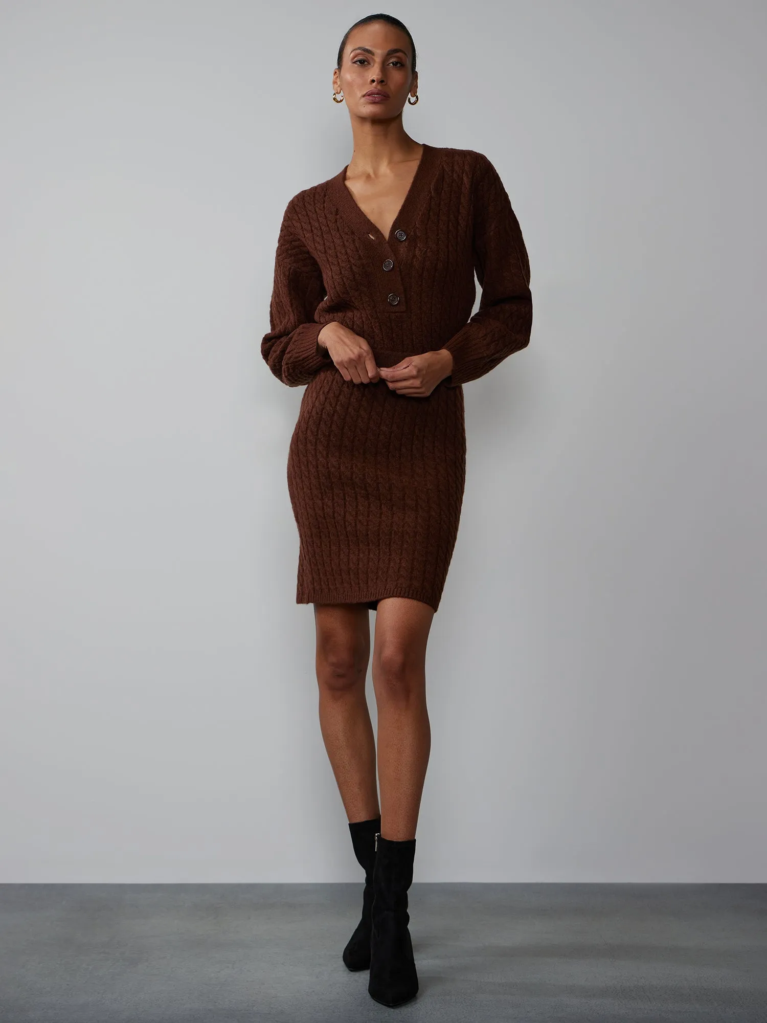 Cable Knit Button Placket Sweater Dress