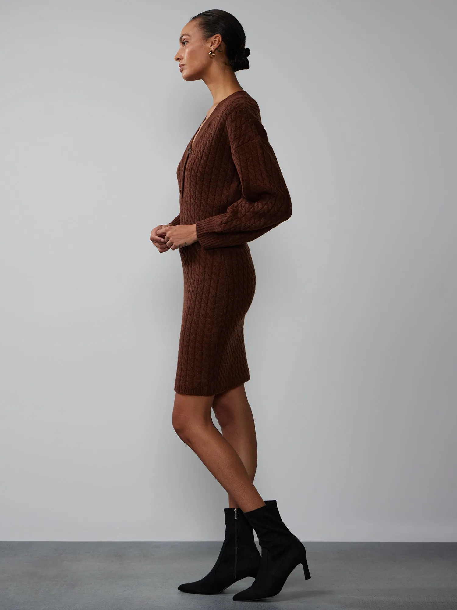 Cable Knit Button Placket Sweater Dress