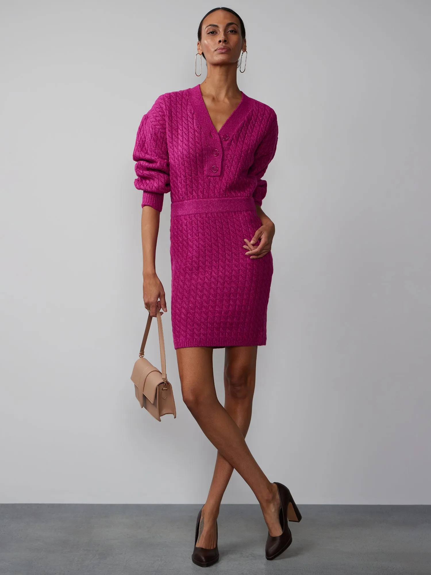 Cable Knit Button Placket Sweater Dress