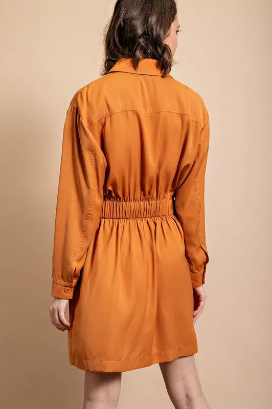 Caramel Long Sleeve Shirt Dress with Waist Tie