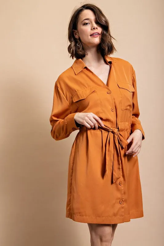 Caramel Long Sleeve Shirt Dress with Waist Tie