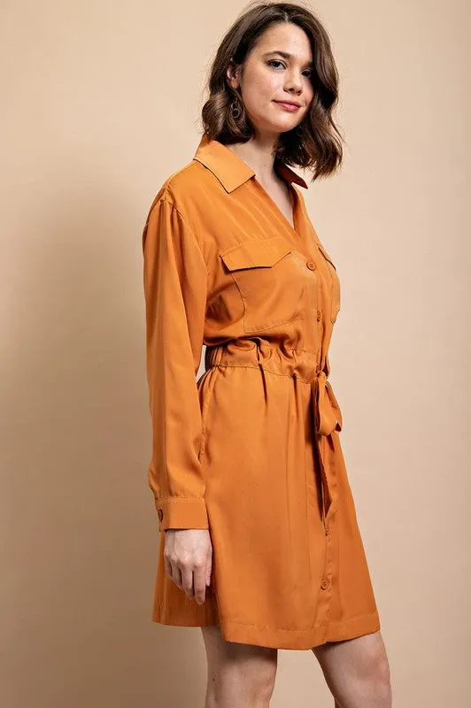 Caramel Long Sleeve Shirt Dress with Waist Tie