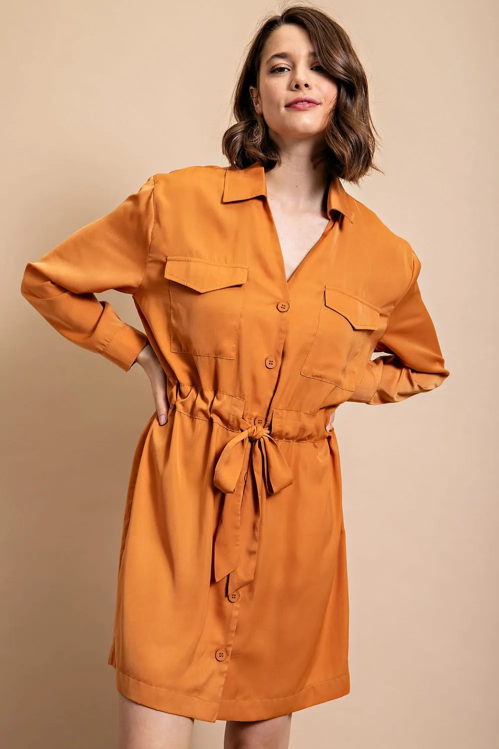 Caramel Long Sleeve Shirt Dress with Waist Tie