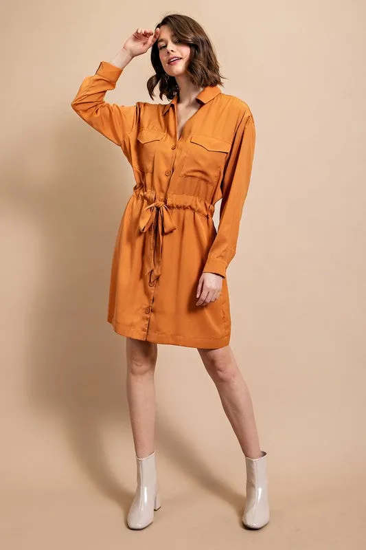 Caramel Long Sleeve Shirt Dress with Waist Tie