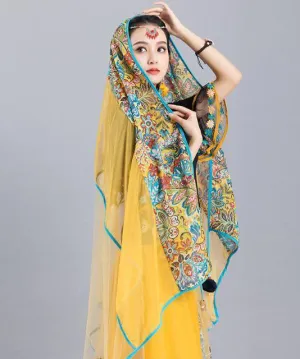 Casual Yellow Tasseled Print Chiffon Shawl