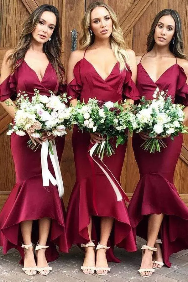 Chic Burgundy High Low Mermaid Spaghetti Straps Bridesmaid Dresses, BD129