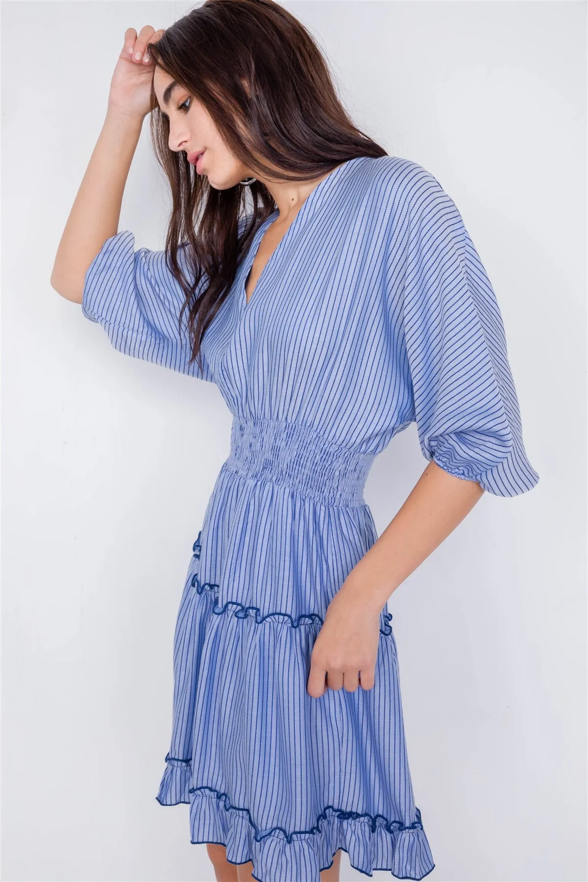 Contrast Stripes Frill Trim Modern Tencel Mini Dress