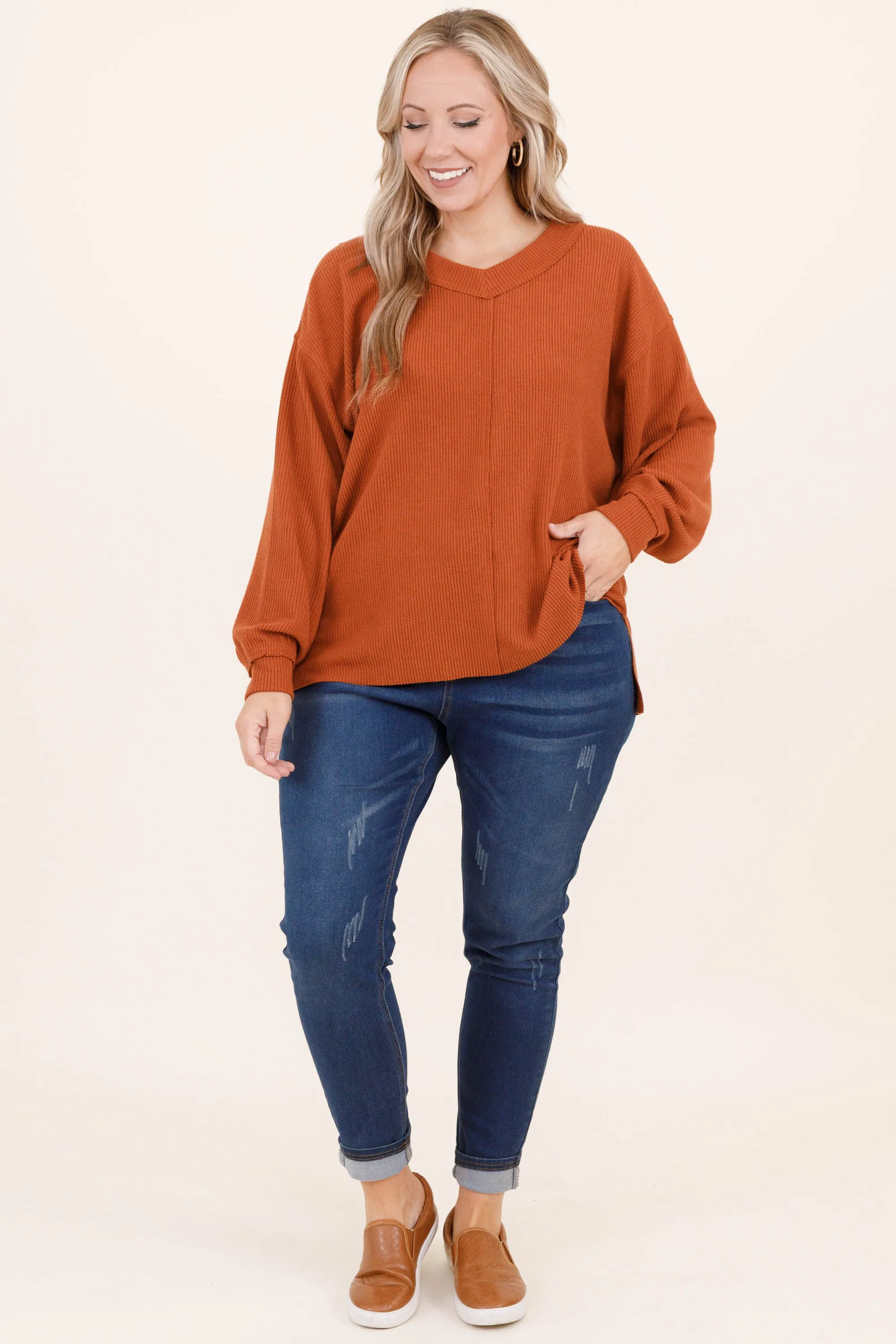 Cozy Textured Sweatshirt, Rust