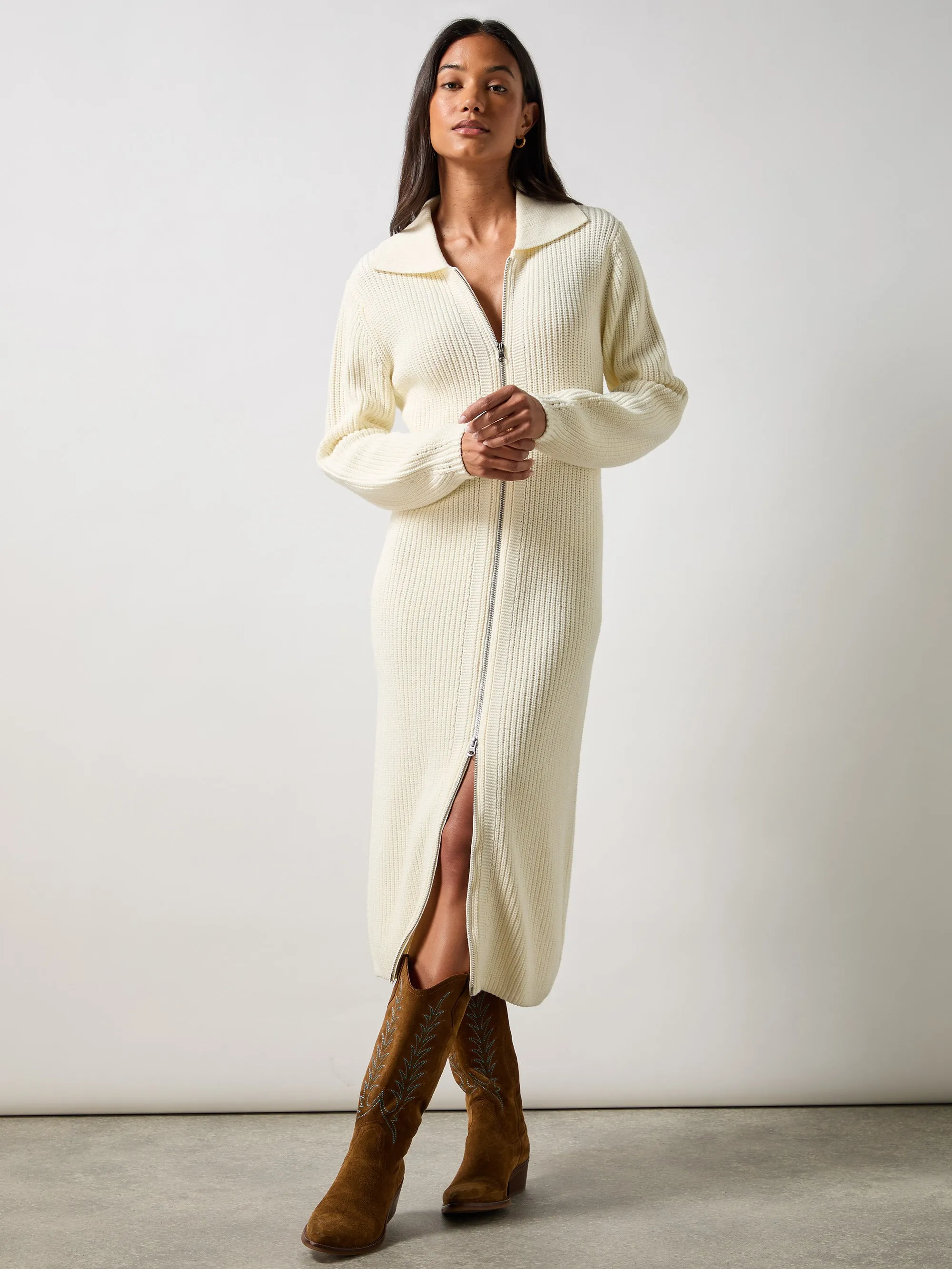 Cream Zip Through Knitted Dress