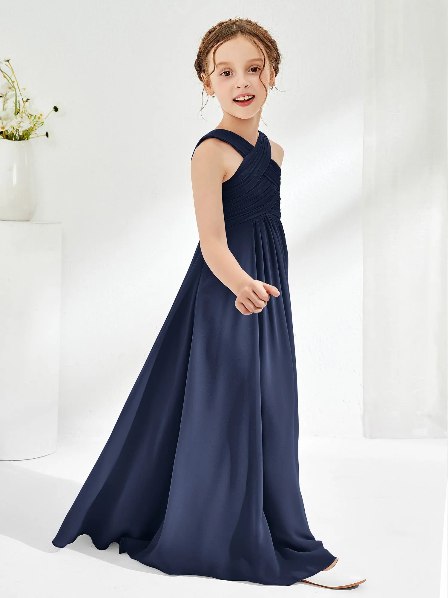 Cross Shoulder Strap Junior Bridesmaid Dresses with Empire Waist Dark Navy