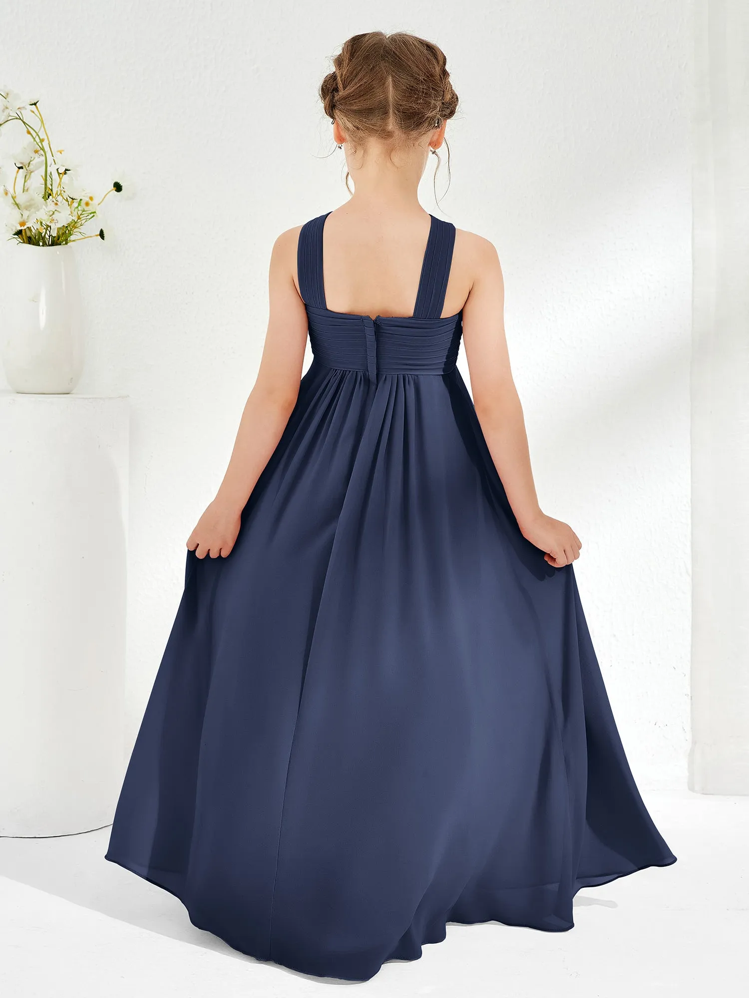 Cross Shoulder Strap Junior Bridesmaid Dresses with Empire Waist Dark Navy