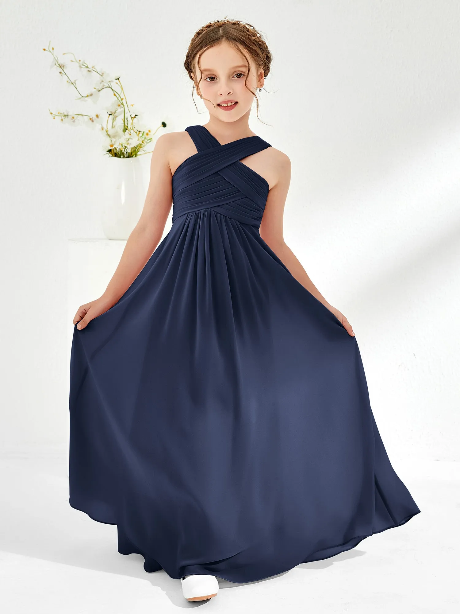 Cross Shoulder Strap Junior Bridesmaid Dresses with Empire Waist Dark Navy