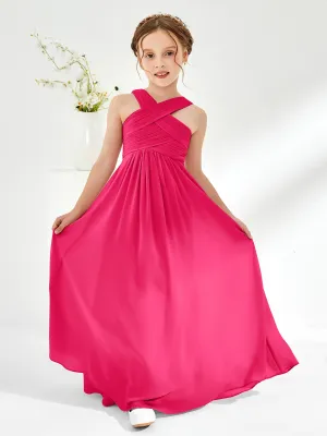 Cross Shoulder Strap Junior Bridesmaid Dresses with Empire Waist Fuchsia