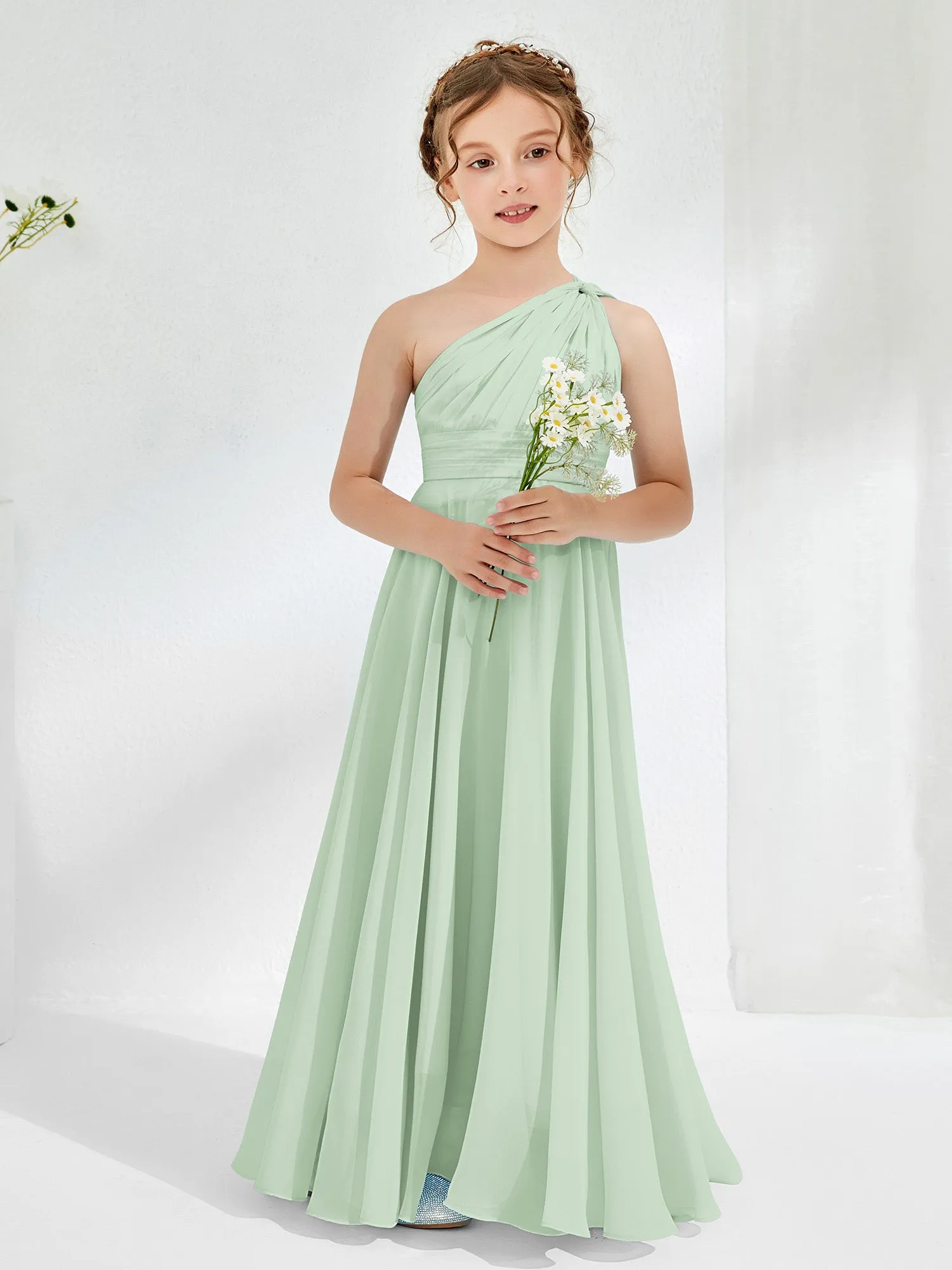 Cute One Shoulder  A-line Junior Bridesmaid Dresses Dusty Sage