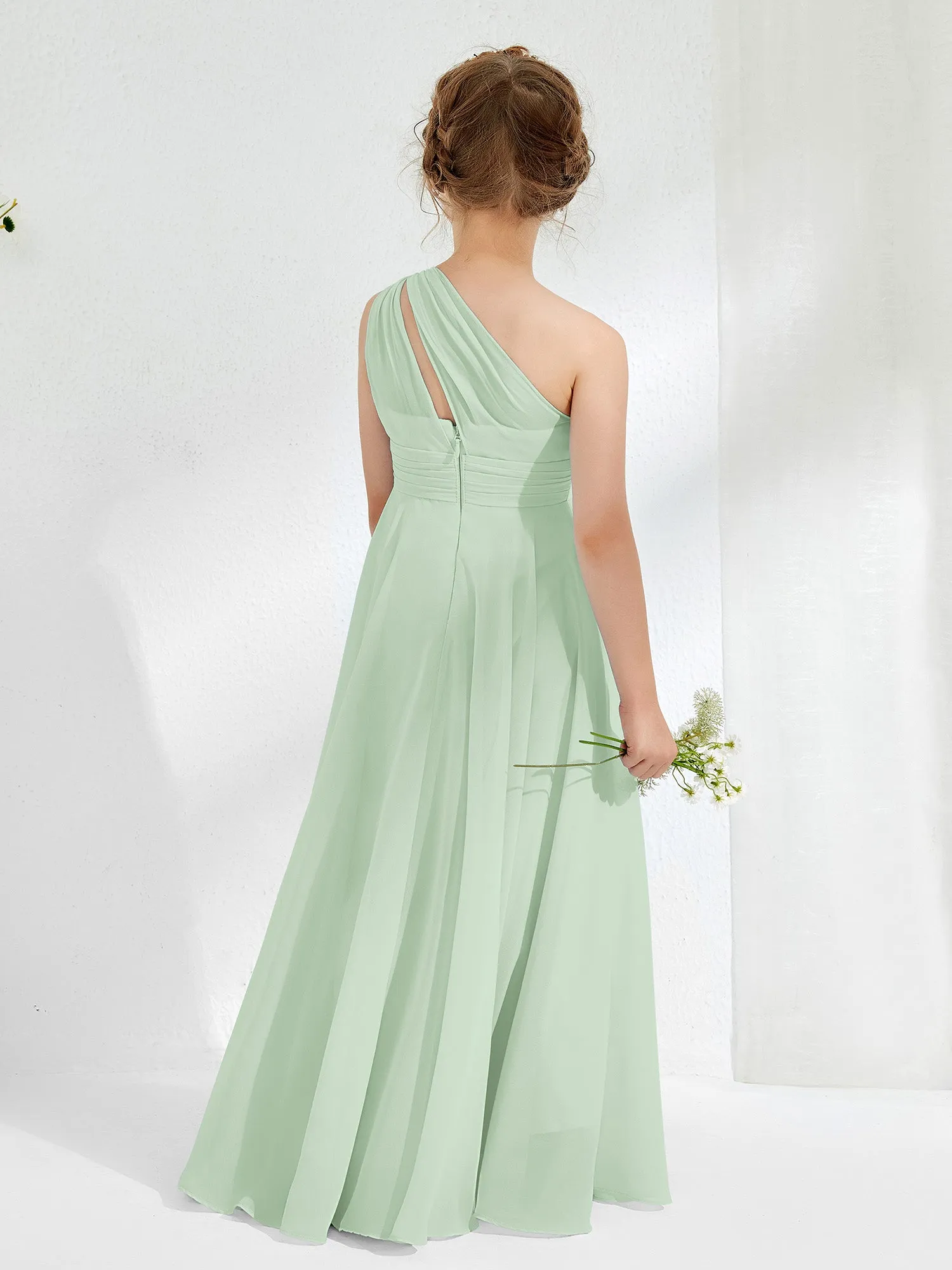 Cute One Shoulder  A-line Junior Bridesmaid Dresses Dusty Sage