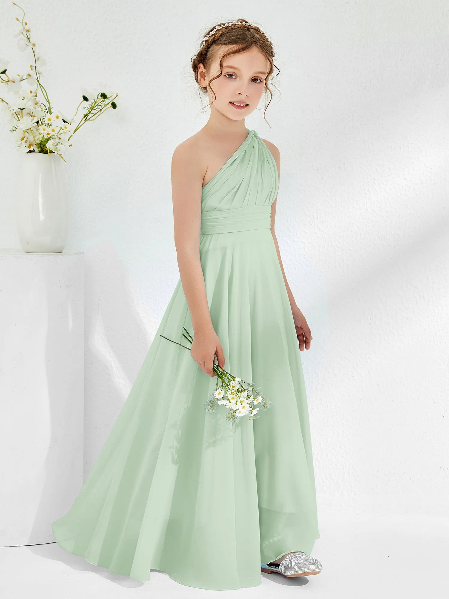 Cute One Shoulder  A-line Junior Bridesmaid Dresses Dusty Sage