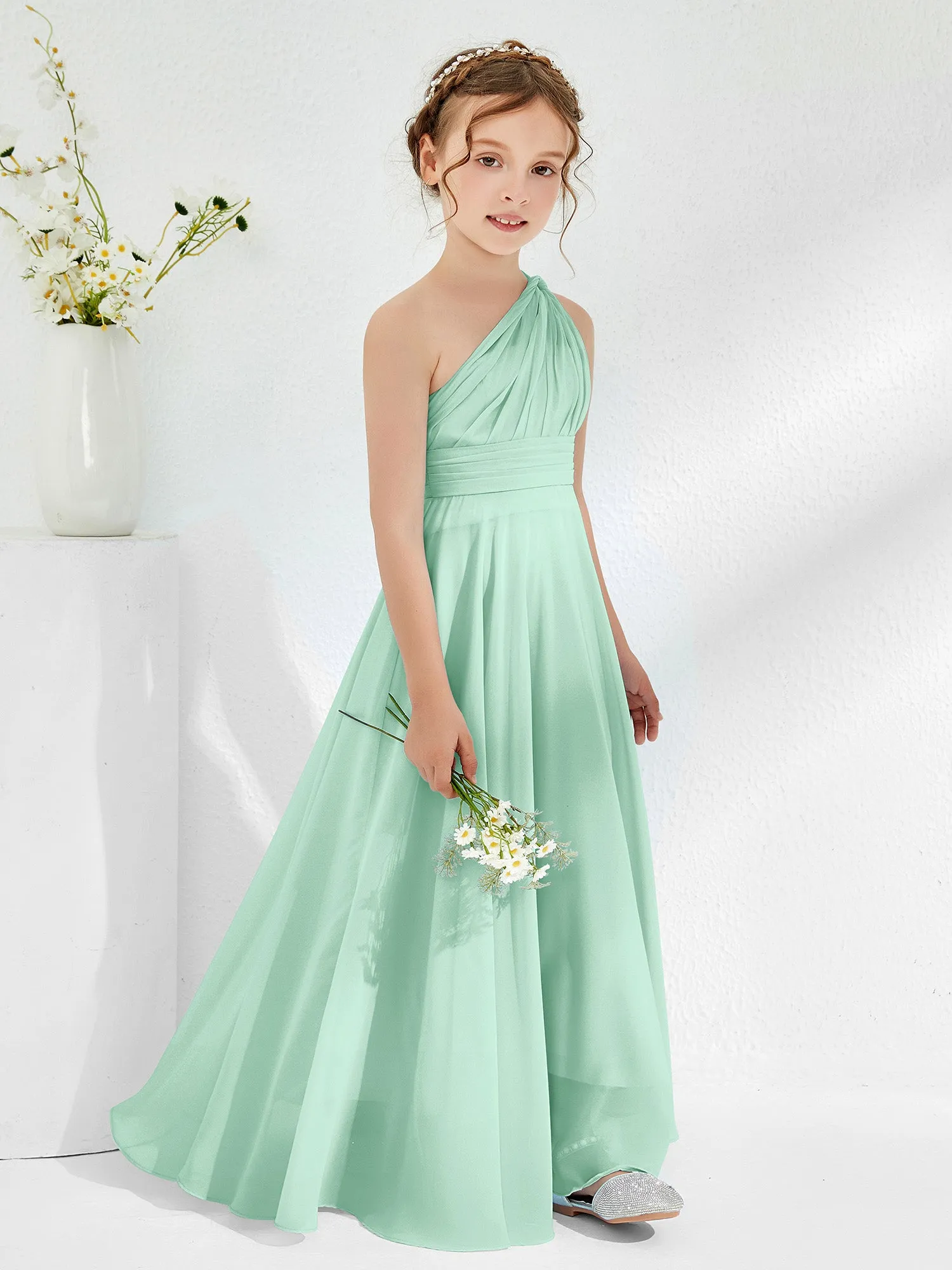 Cute One Shoulder  A-line Junior Bridesmaid Dresses Mint Green