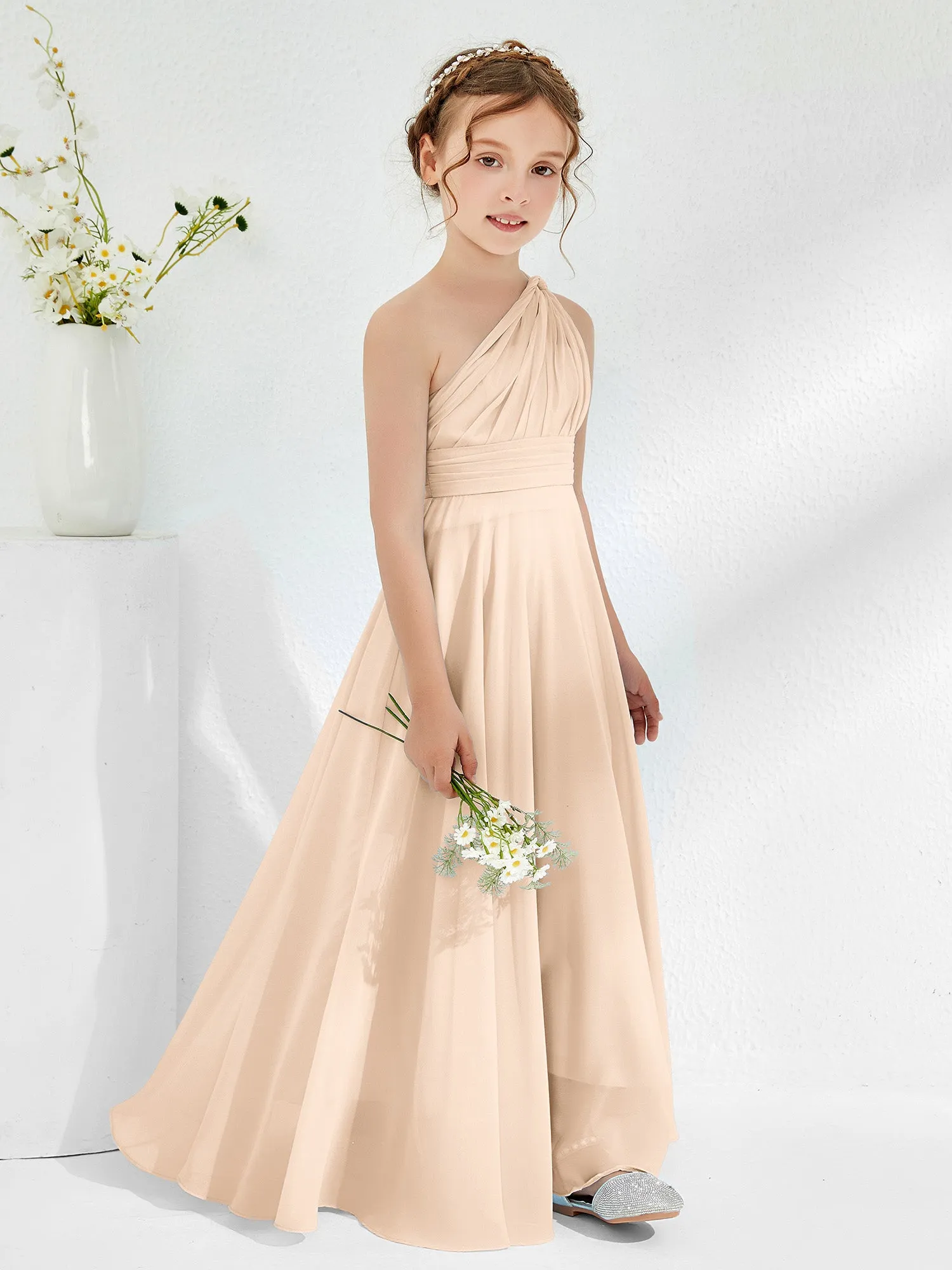 Cute One Shoulder  A-line Junior Bridesmaid Dresses Peach