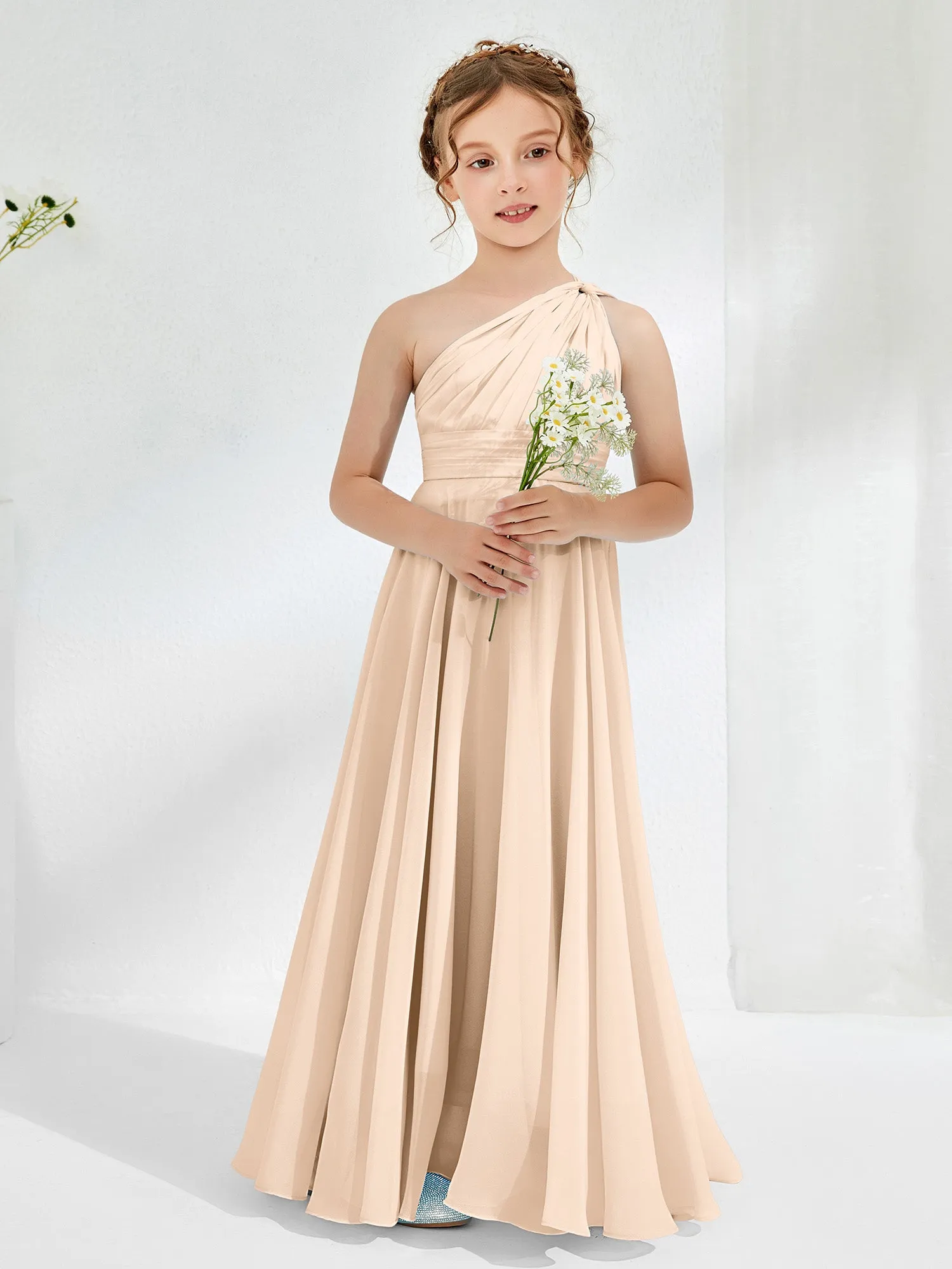 Cute One Shoulder  A-line Junior Bridesmaid Dresses Peach