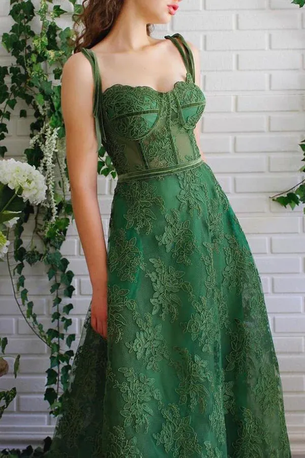 Dark Green Tulle Lace Spaghetti Straps  A-line Prom Dresses, Party Dresses