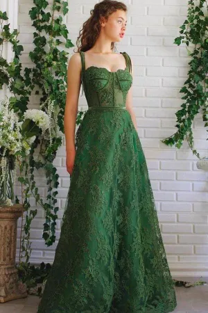 Dark Green Tulle Lace Spaghetti Straps  A-line Prom Dresses, Party Dresses