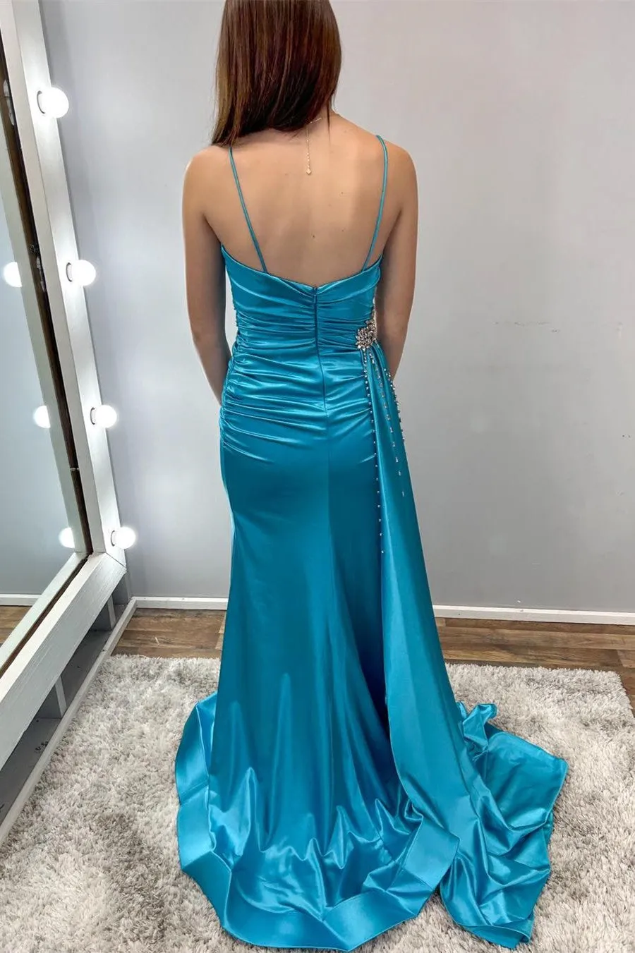 Earl | Teal Beaded Spaghetti Strap Long Gown with Attached Train