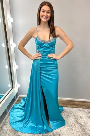 Earl | Teal Beaded Spaghetti Strap Long Gown with Attached Train