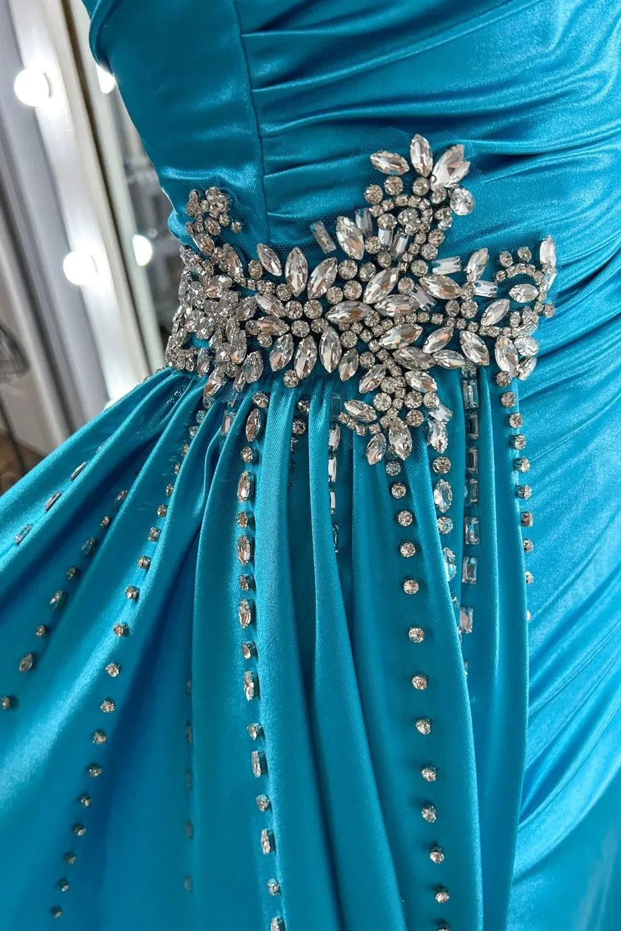 Earl | Teal Beaded Spaghetti Strap Long Gown with Attached Train