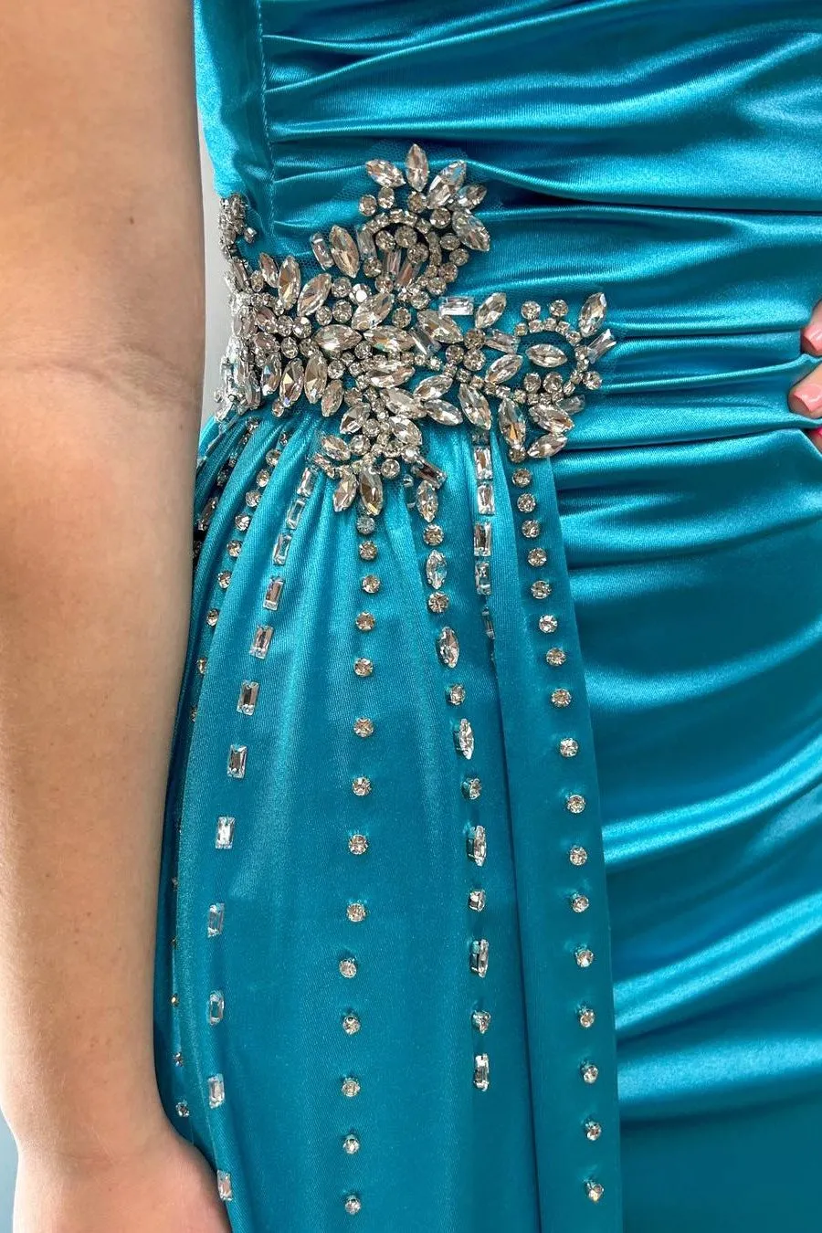 Earl | Teal Beaded Spaghetti Strap Long Gown with Attached Train