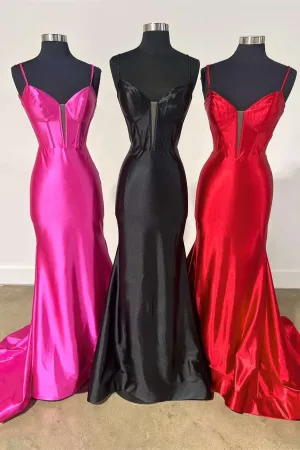 Elori | Plunge Neck Black Satin Mermaid Long Prom Dress