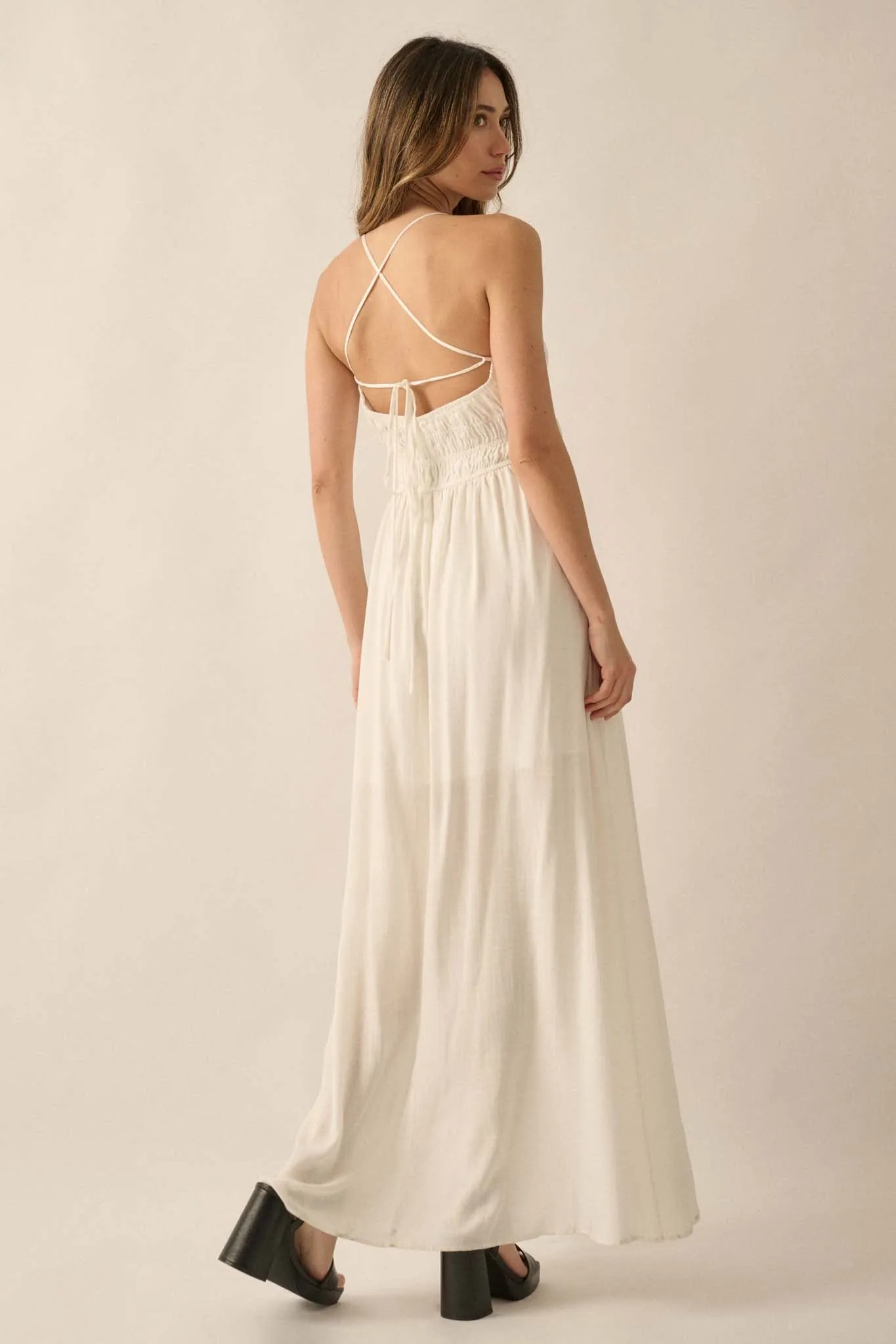 Enjoy the Moment Gathered Open-Back Maxi Dress