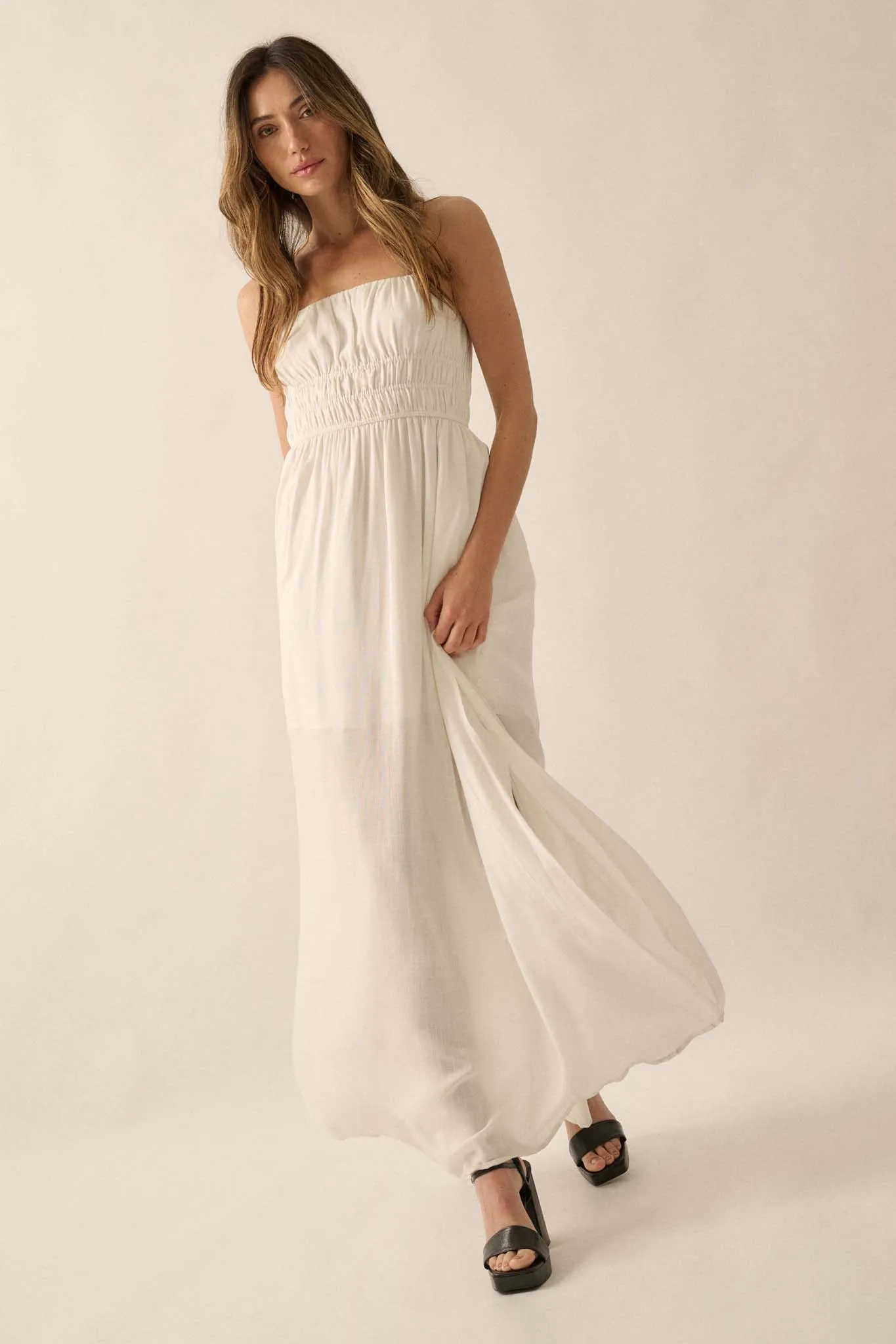 Enjoy the Moment Gathered Open-Back Maxi Dress