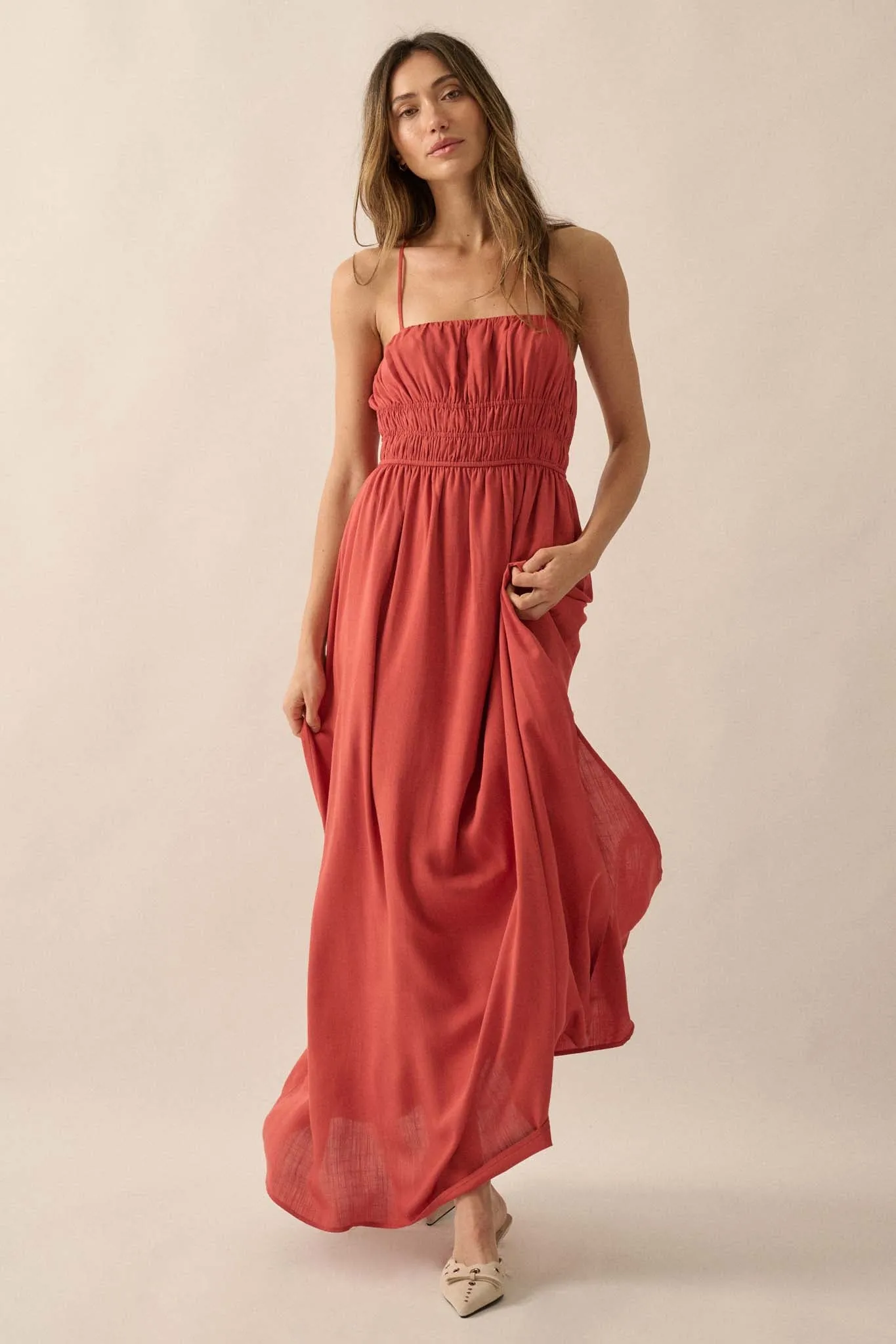 Enjoy the Moment Gathered Open-Back Maxi Dress