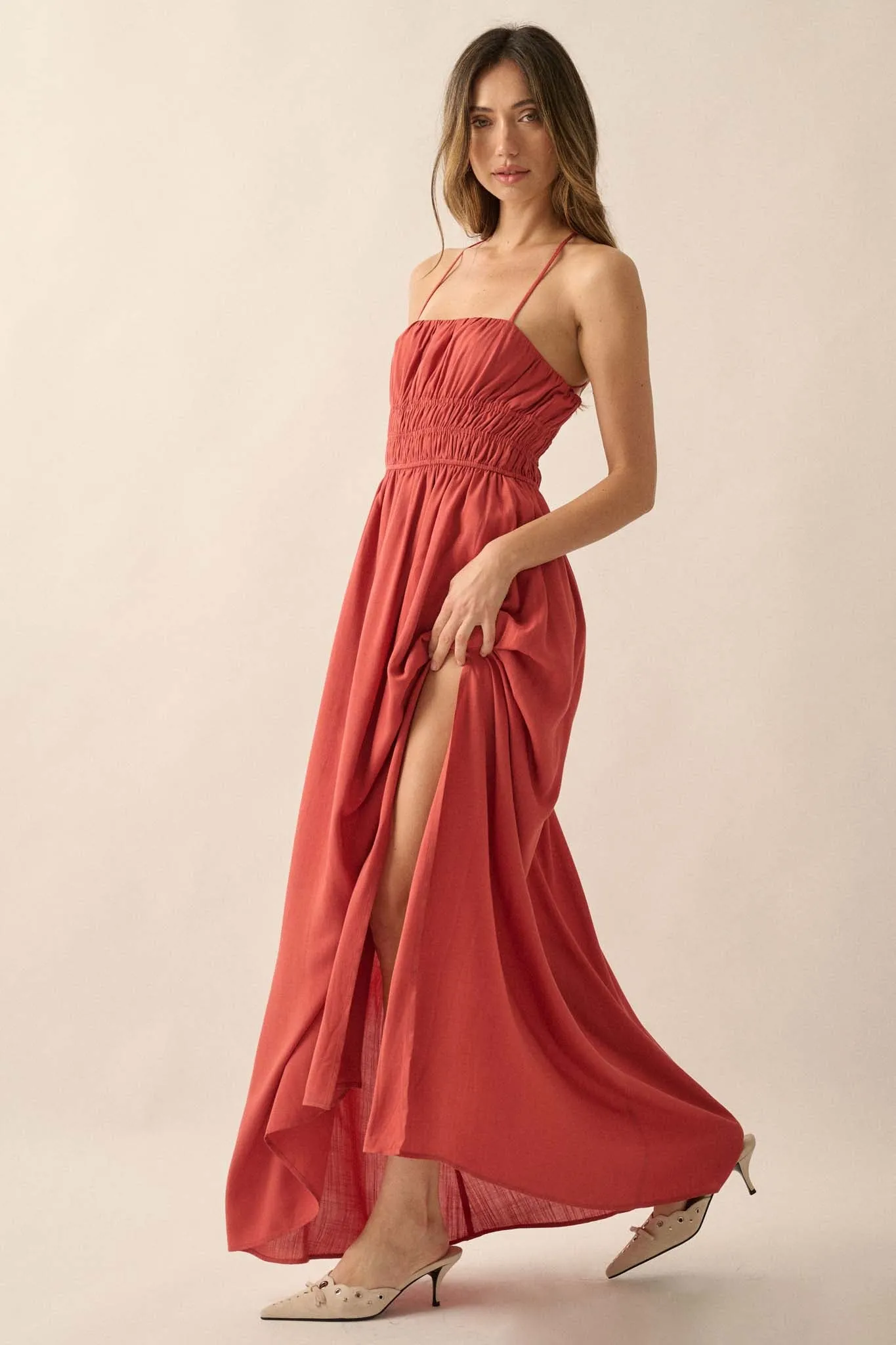 Enjoy the Moment Gathered Open-Back Maxi Dress