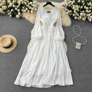 Fairy White Mesh Dress Women's Summer V-neck Lantern Sleeve Tulle Big Swing Dress 478