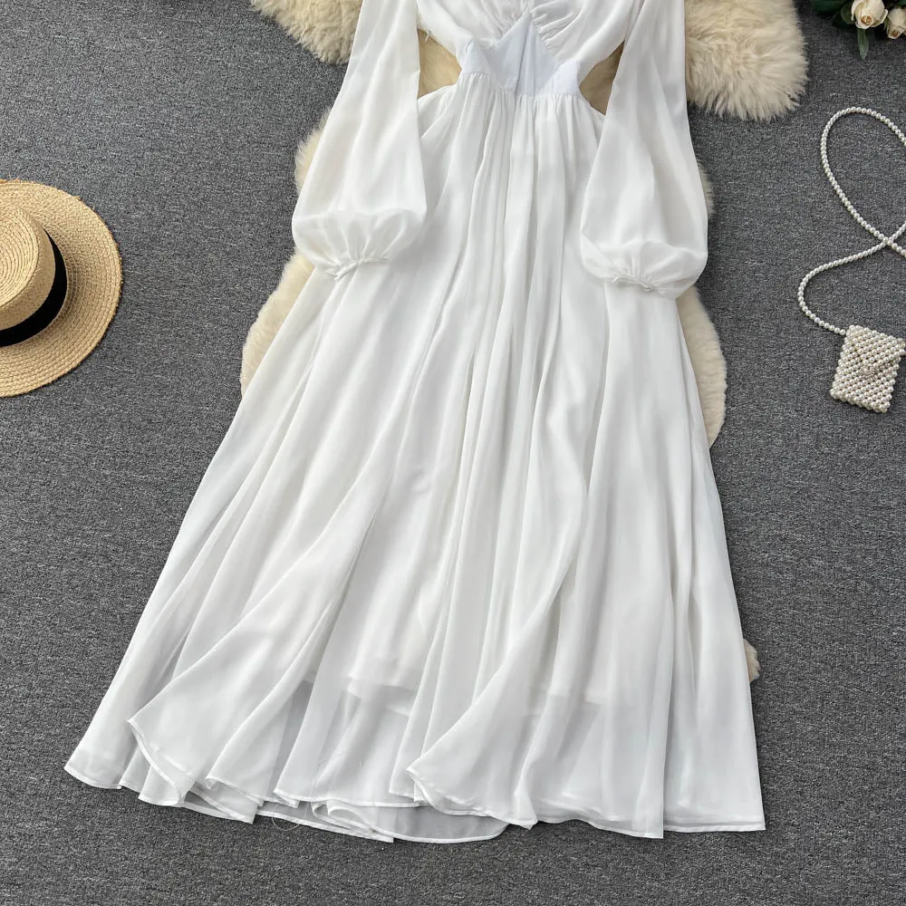 Fairy White Mesh Dress Women's Summer V-neck Lantern Sleeve Tulle Big Swing Dress 478