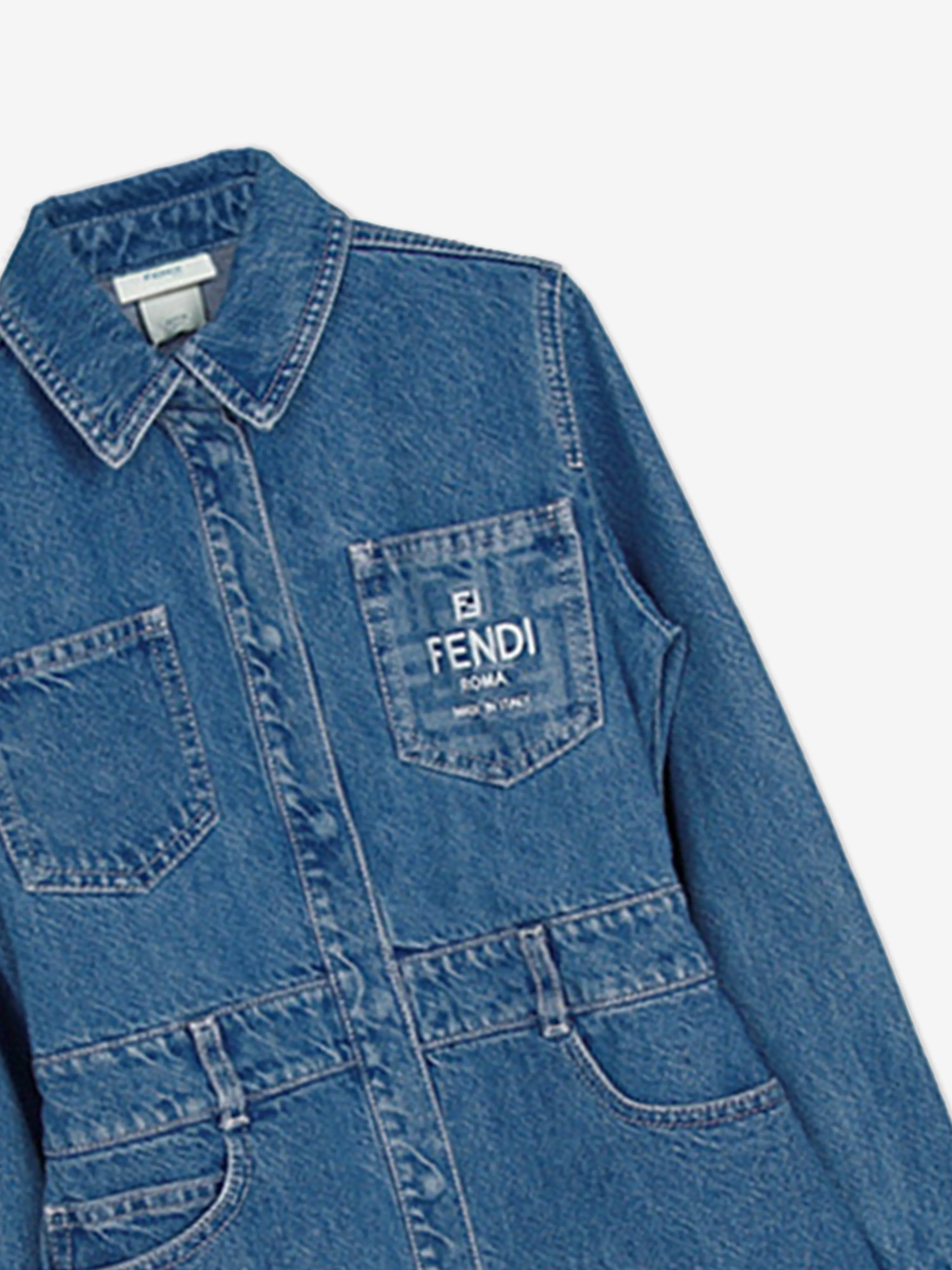 Fendi Girls Denim FF Logo Shirt Dress in Blue