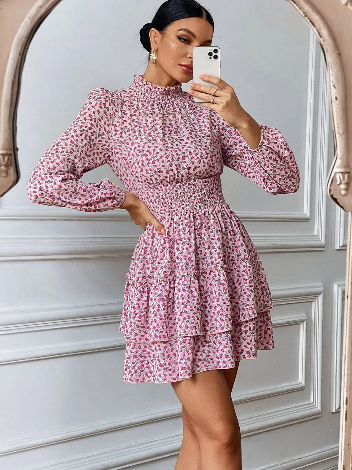 Floral Ruffle Collar Smocked Waist Layered Dress