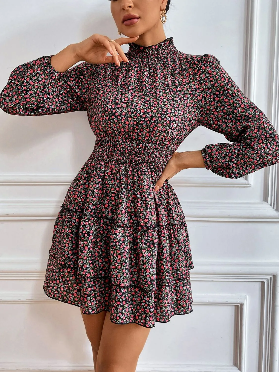 Floral Ruffle Collar Smocked Waist Layered Dress