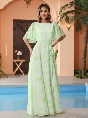 Flutter Sleeves Chiffon Max Dresses with Sash Bow Sage Dream