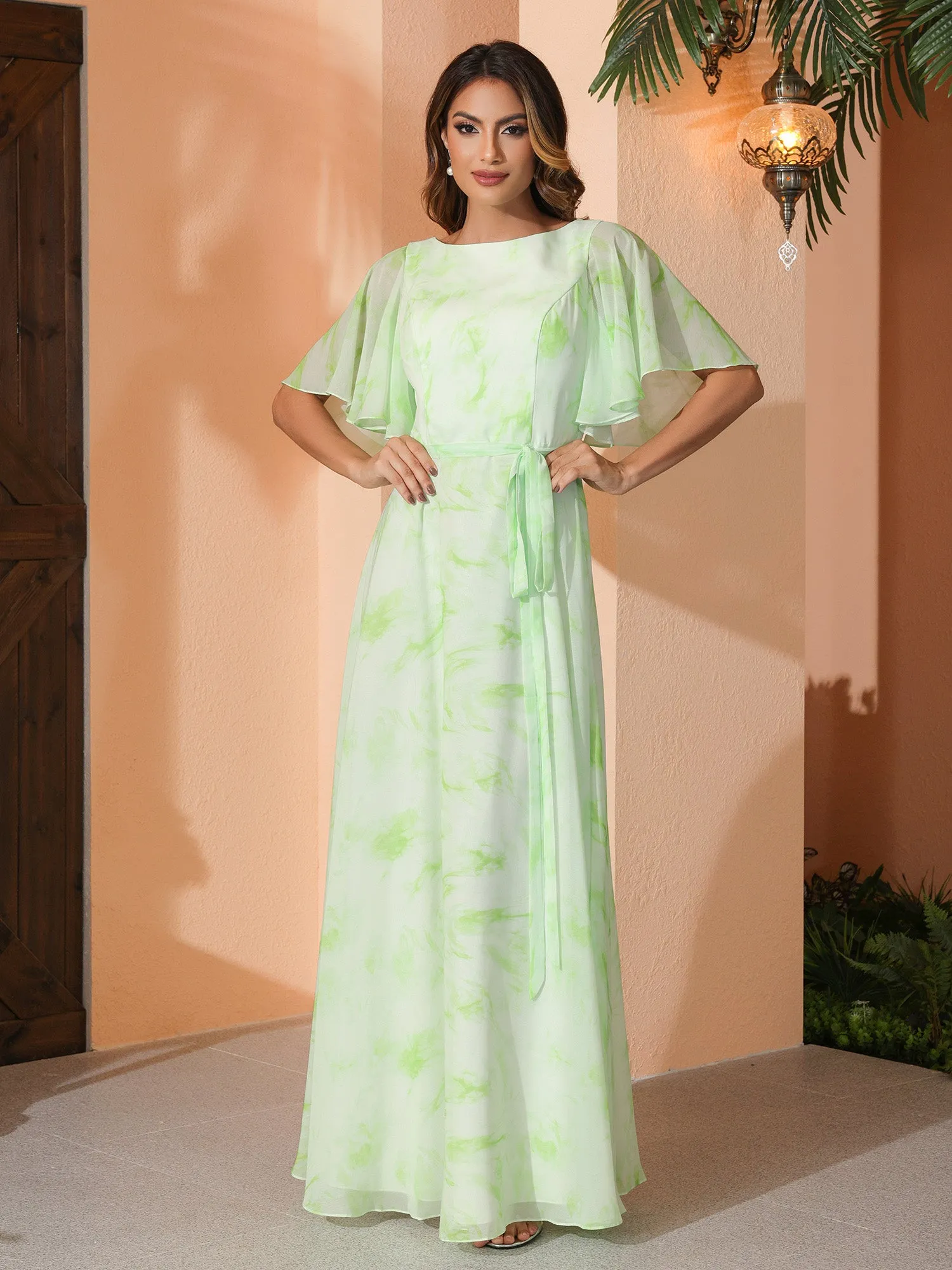 Flutter Sleeves Chiffon Max Dresses with Sash Bow Sage Dream