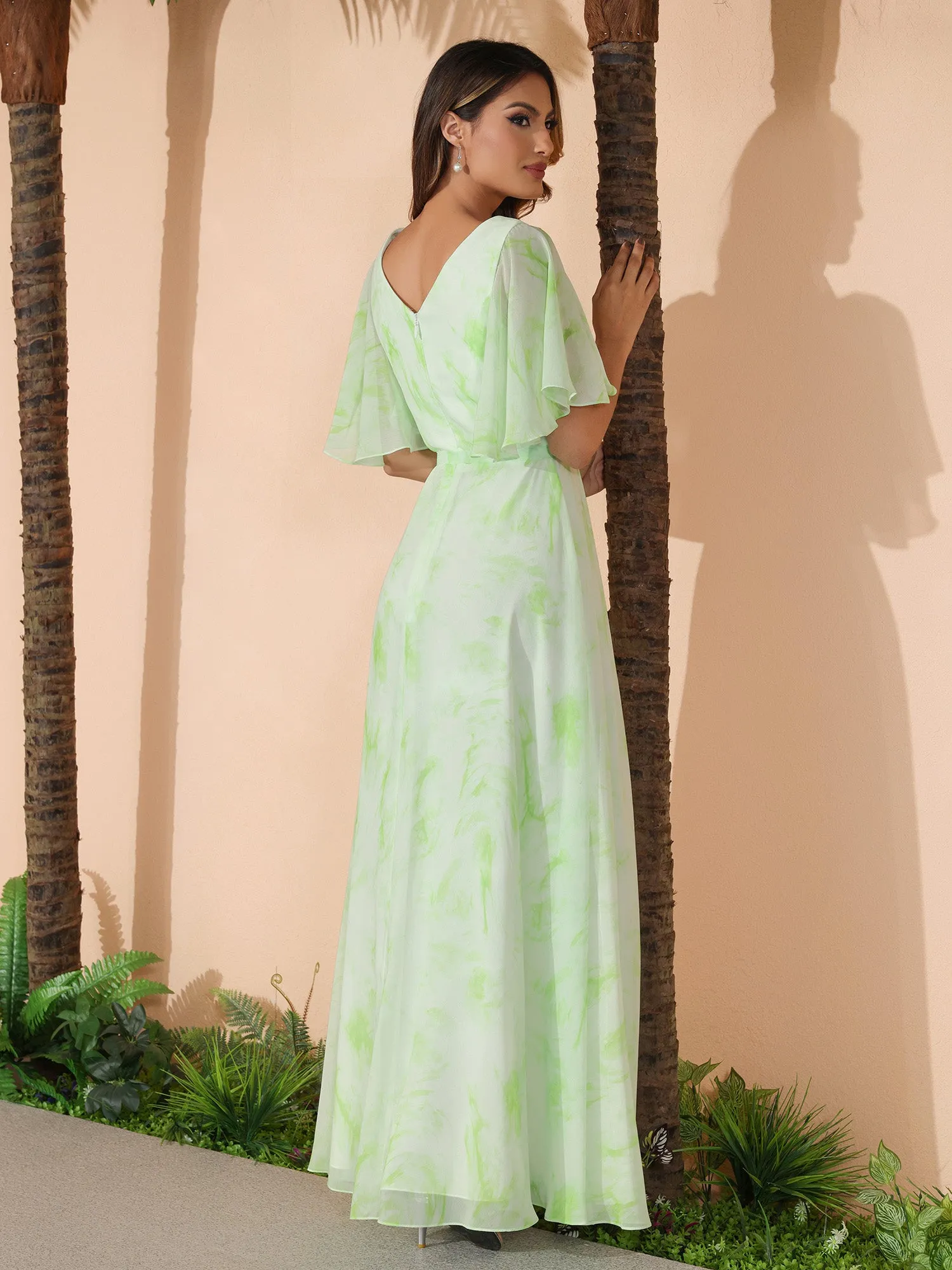 Flutter Sleeves Chiffon Max Dresses with Sash Bow Sage Dream