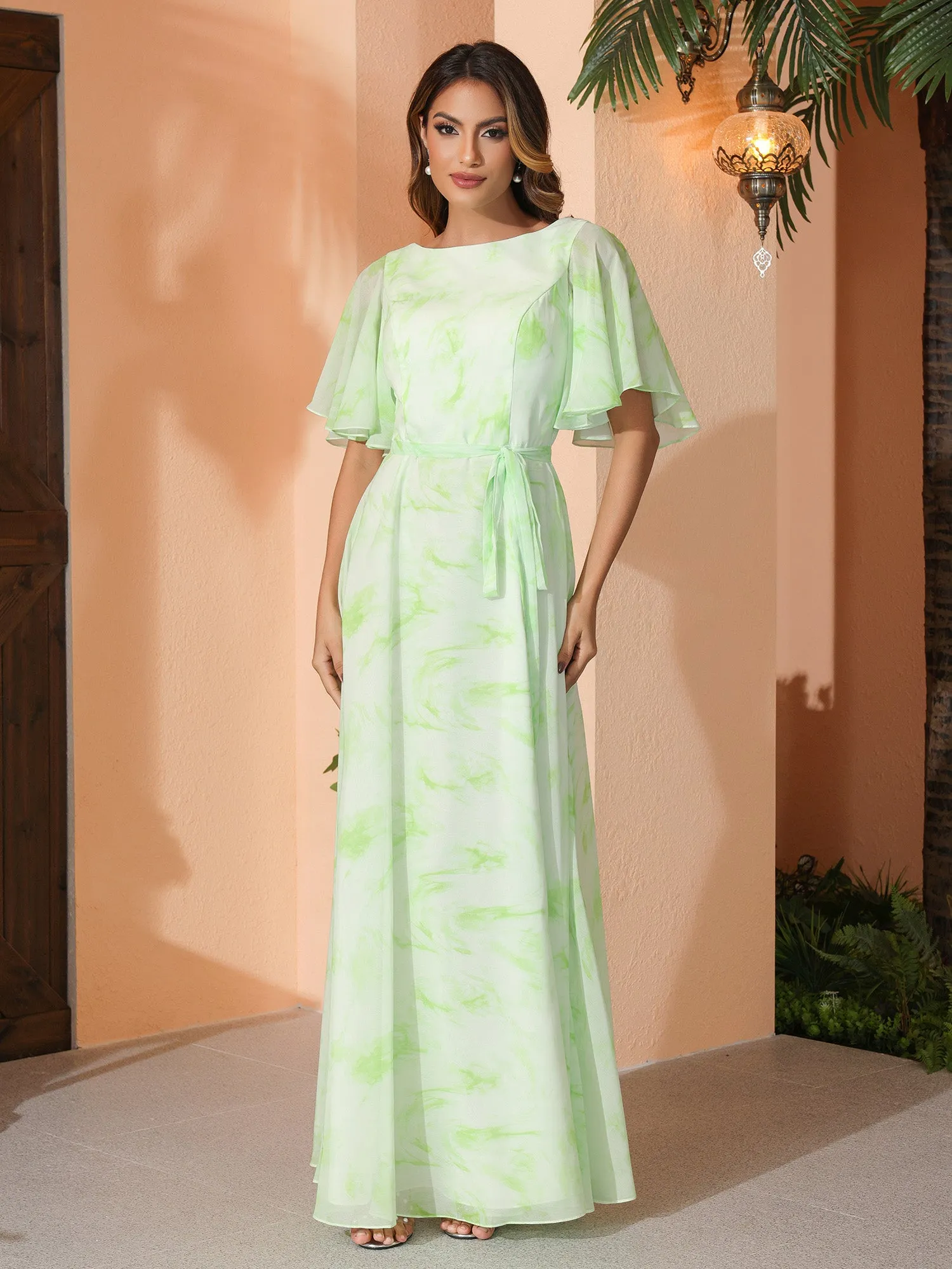 Flutter Sleeves Chiffon Max Dresses with Sash Bow Sage Dream