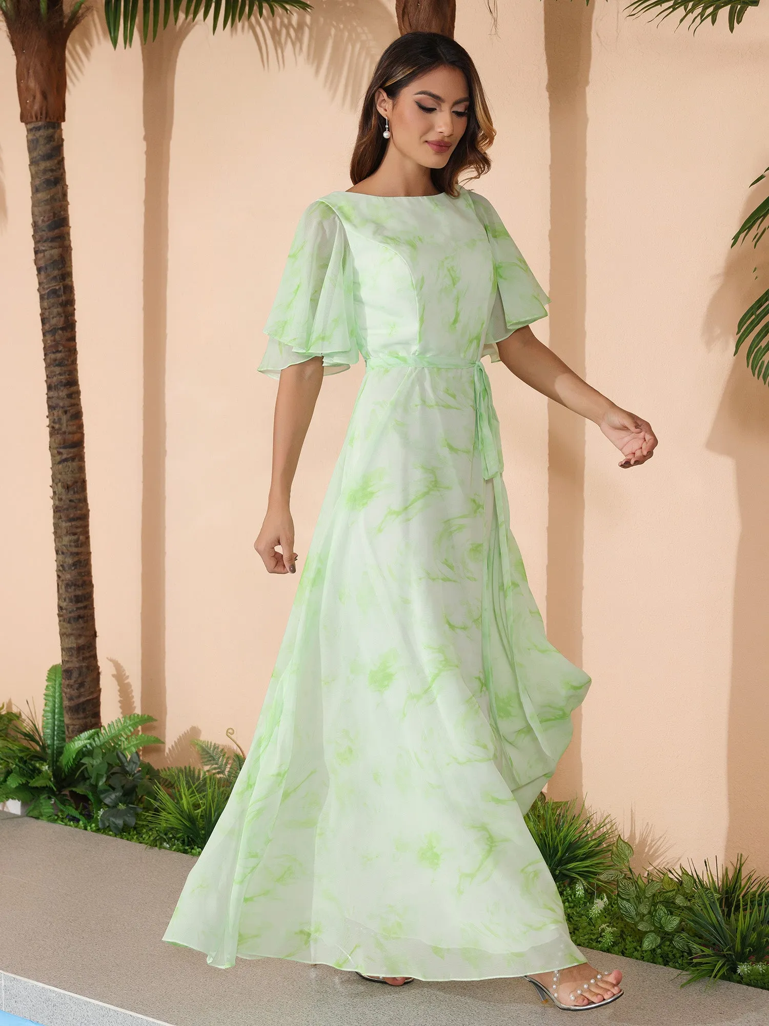 Flutter Sleeves Chiffon Max Dresses with Sash Bow Sage Dream