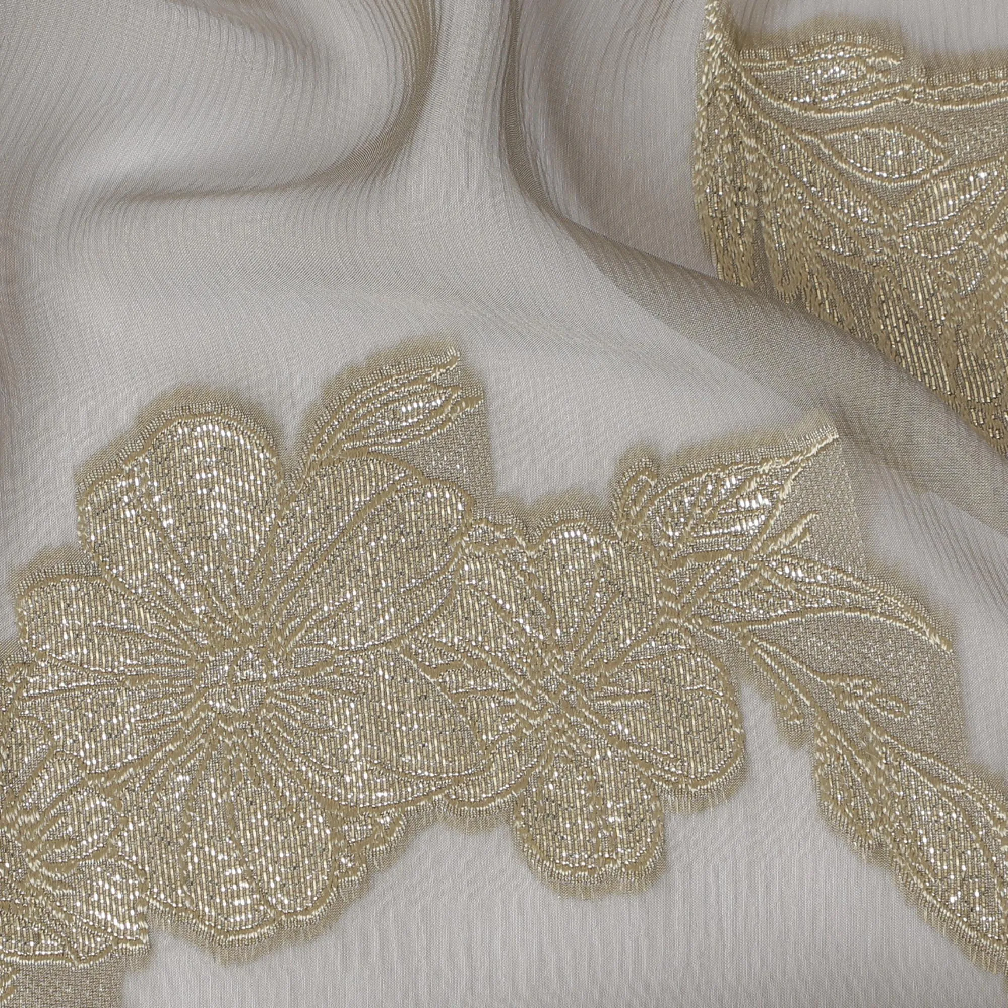 French Ivory Silk Chiffon (Fransawi) Fabric with Metallic Gold Lurex Floral Design, 110 cm Width-D19734